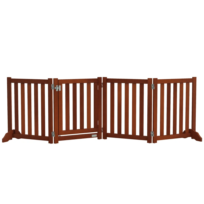 PawHut Foldable Dog Gate with Door, 4 Panels Fressstanding Pet Gate, Brown