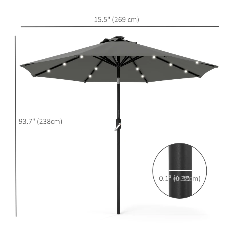 Outsunny 8.8 ft Solar Powered Outdoor Patio Umbrella Round Market Table Umbrella with Adjustable LED Lights Tilt Crank Dark Grey