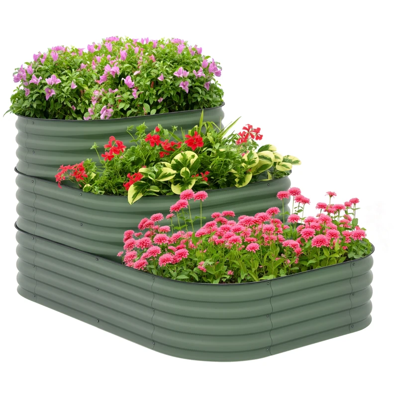 Outsunny 3-Tier Raised Garden Bed Set w/ Safety Edging, Open Bottom for Vegetables, Herbs, Flowers, 62.25" x 43" x 32.25", Green