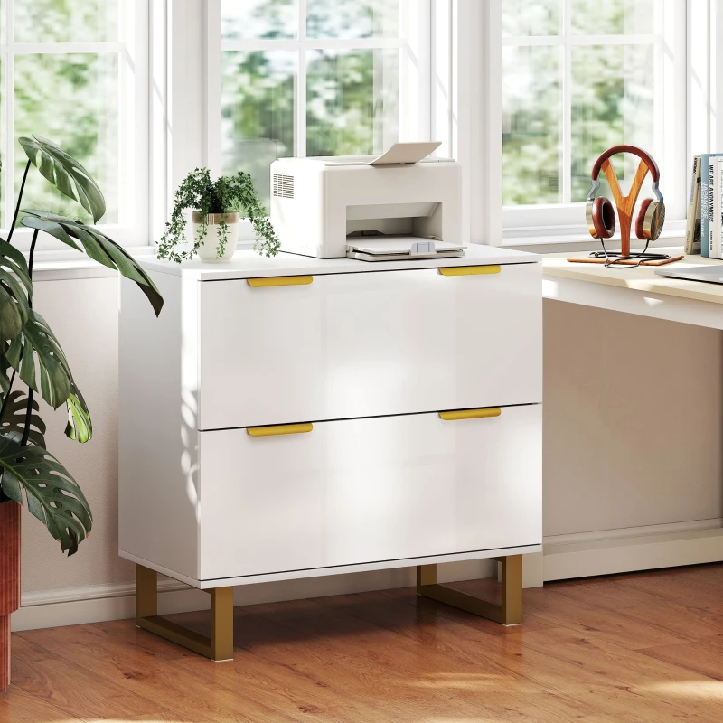 HOMCOM Lateral File Cabinet with 2 Drawers, Modern Filing Cabinet for Letter/A4/Legal Size Files, High Gloss White