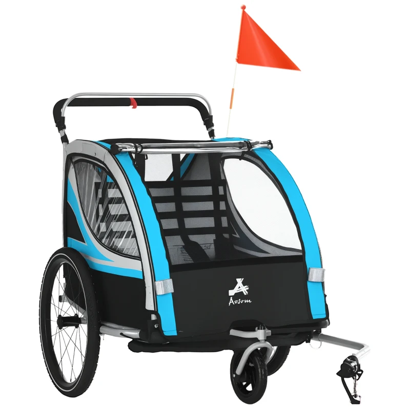 Aosom 3-in-1 Bike Trailer for Kids, Running Stroller with 2 Seats, Jogging Cart with 5-Point Harness, Storage Units, Blue
