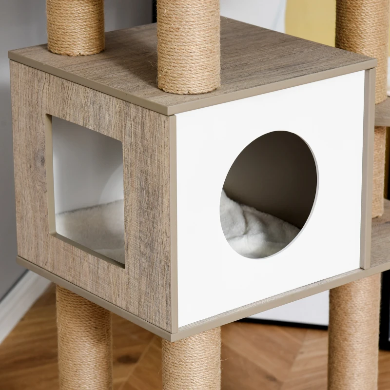 PawHut 69.75" Wood Cat Tree, Cat Condo Tower with Scratching Post, Toy Ball for Indoor Cats, Light Grey