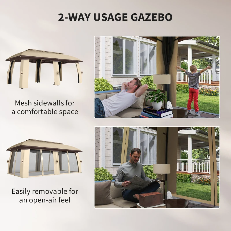 Outsunny 10' x 20' Patio Gazebo, Outdoor Gazebo Canopy Shelter with Netting, Vented Roof for Garden Beige