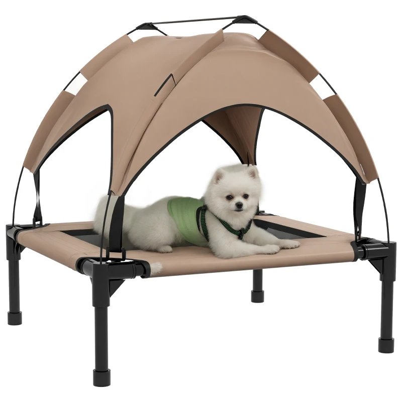 PawHut Raised Dog Bed Cooling Dog Cot w/ Canopy Washable Breathable Mesh, for Small and Medium Dogs, Coffee