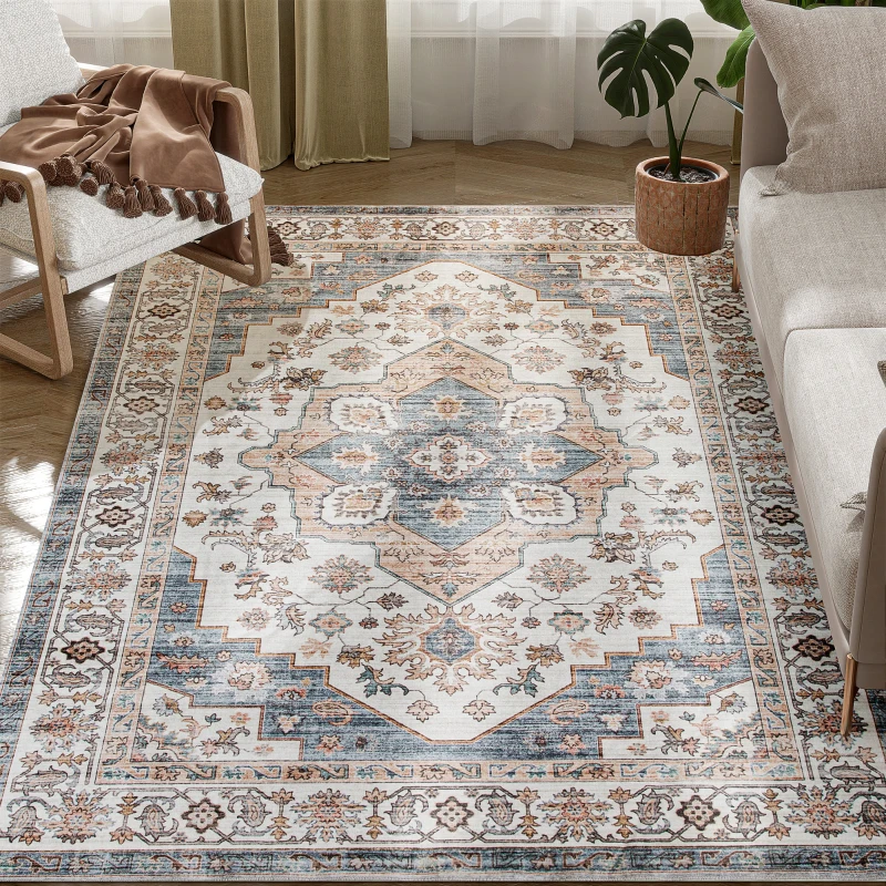 HOMCOM 4x6 Area Rug, Vintage Machine Washable Rug, Non-Slip Carpet for Living Room, Bedroom, Dining Room, Brown & Light Blue