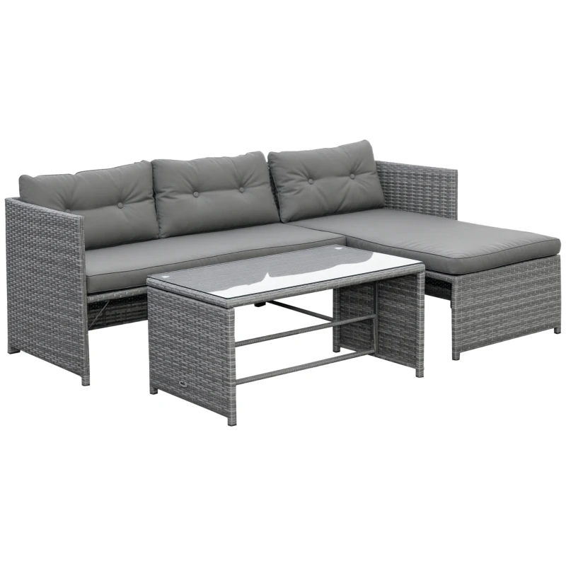 Outsunny 3 Piece Patio Furniture Set, Rattan Outdoor Sofa Set with Chaise Lounge & Loveseat, Soft Cushions, Tempered Glass Table, L-Shaped Sectional Couch, Charcoal