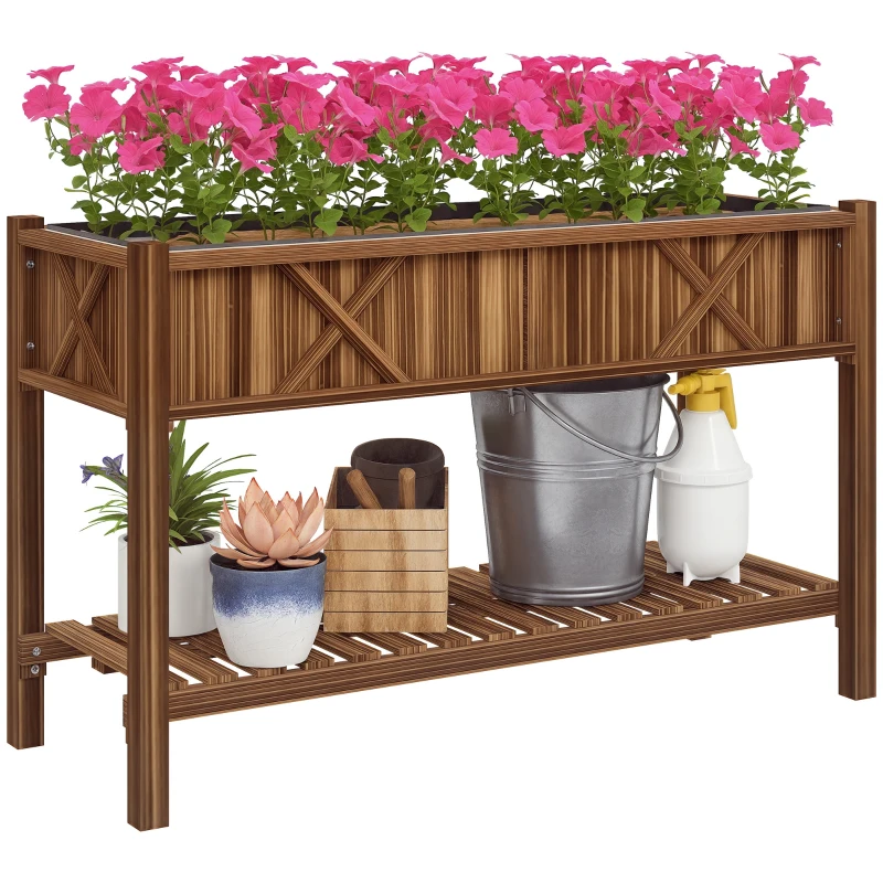 Outsunny Raised Garden Bed, 47 x 22 x 31.5 in Elevated Wood Planter Box with Storage Shelf, Drainage Holes and Liner, Carbonized