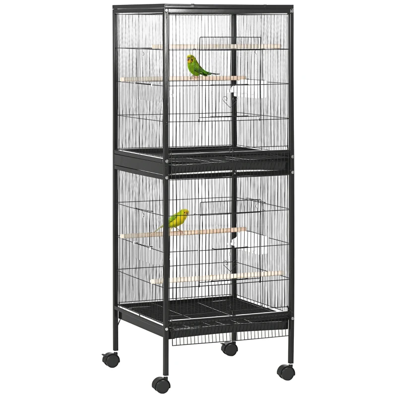 PawHut 55.1" 2 In 1 Bird Cage Aviary Parakeet House for finches, budgies with Wheels, Slide-out Trays, Wood Perch, Food Containers, Black