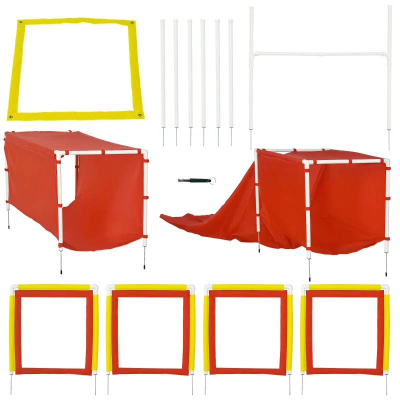 PawHut Dog Agility Training Equipment Set with Adjustable Hurdle, Tunnel, Chute, Weave Poles, Pause Box, Panels, Outdoor Obstacle Course Kit with Whistle