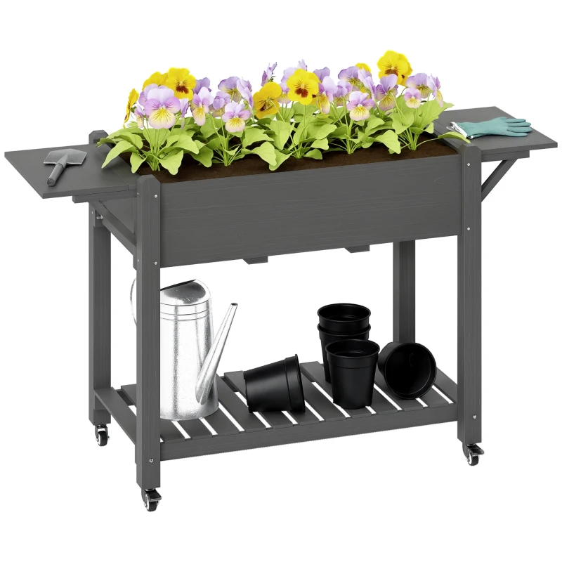Outsunny Wood Raised Planter Box, Elevated Garden Bed with Lockable Wheels, Side Tables, Bottom Shelf, Drain Holes, Gray