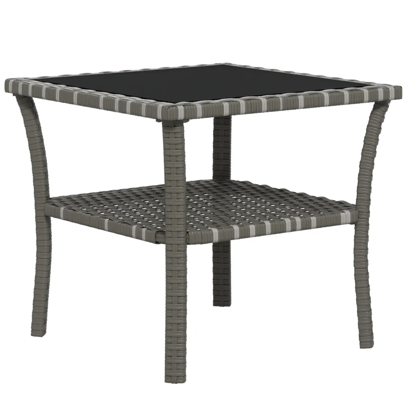 Outsunny Rattan Side Table, Outdoor End Table with Storage Shelf, Aluminum Frame Square, Coffee Table with Tempered Glass Top, Mixed Gray