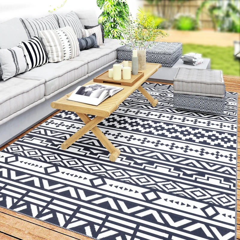 Outsunny Reversible Outdoor Rug, Waterproof Plastic Straw with Carry Bag, 6' x 9', Blue & White Geometric