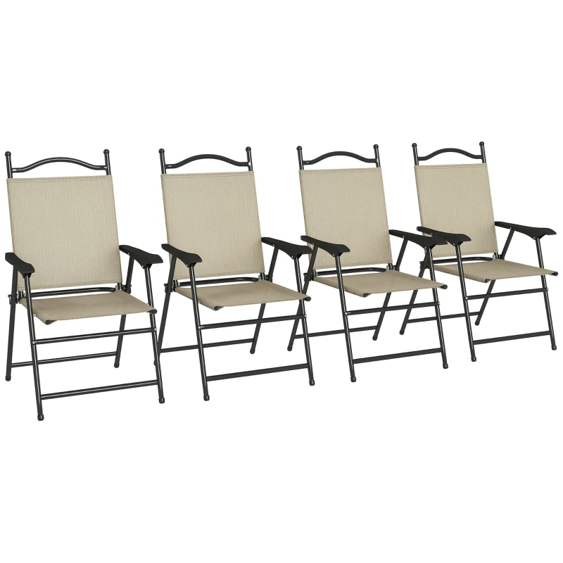 Outsunny 4 Piece Folding Patio Camping Chair Set, Sports Chairs for Adults with Armrests, Mesh Fabric Seat for Lawn, Beige