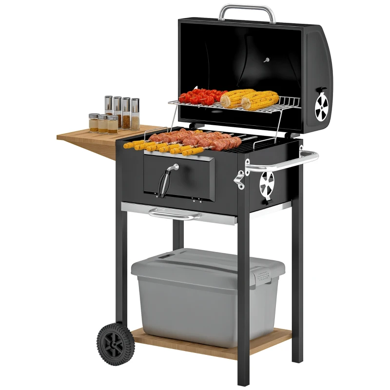 Outsunny Charcoal BBQ Grill, Outdoor Portable Cooker for Camping or Backyard Picnic, Barbecue Grill with Side Table, Bottom Storage Shelf, Wheels and Handle, Black