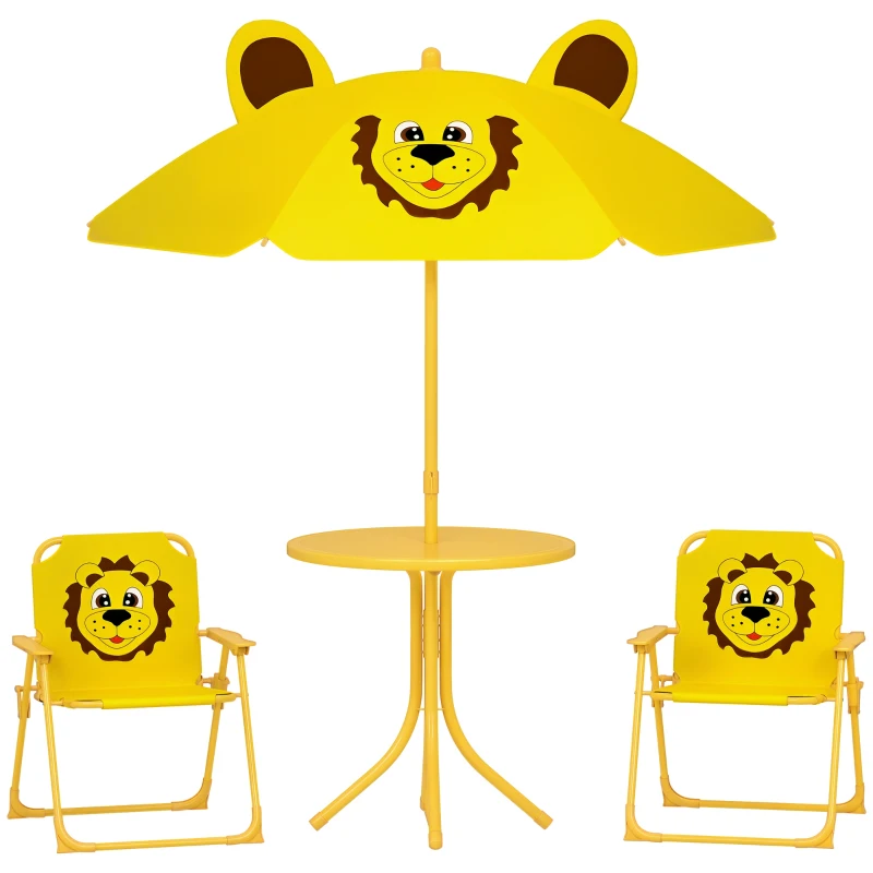 Qaba Kids Picnic Table and Chair Set, Outdoor Activity Table with Foldable Chairs, Height Adjustable Umbrella, Yellow