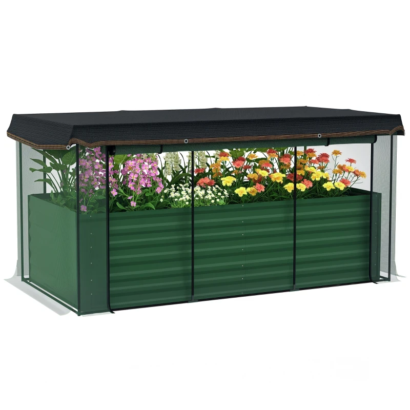 Outsunny Galvanized Steel Planter Box with Crop Cage and Shade Cloth, Raised Garden Bed for Flowers, Veggies and Herbs, Green