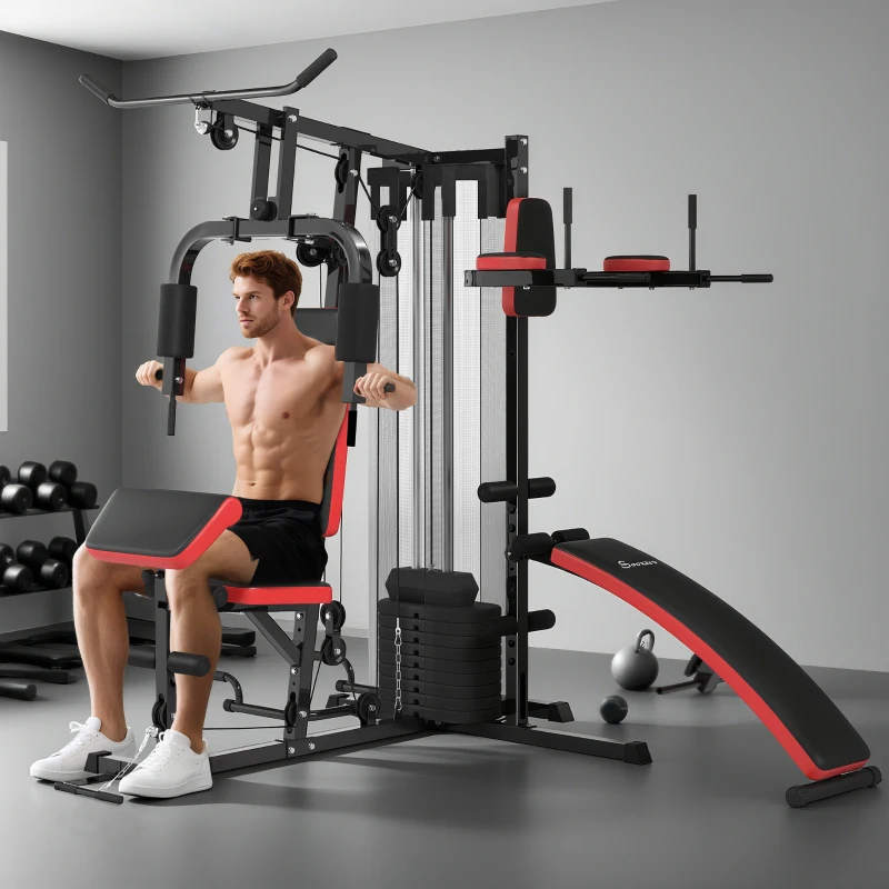 Soozier Multi Home Gym Equipment, Workout Station with Sit up Bench, Push up Stand, Dip Station, 99lbs Weights