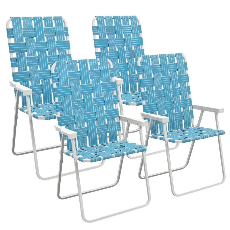 Outsunny Set of 4 Patio Folding Chairs, Classic Outdoor Camping Chairs, Portable Lawn Chairs w/ Armrests, Blue