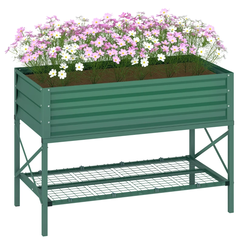 Outsunny Galvanized Raised Garden Bed, Metal Planter Box with Legs, Storage Shelf and Bed Liner, Green