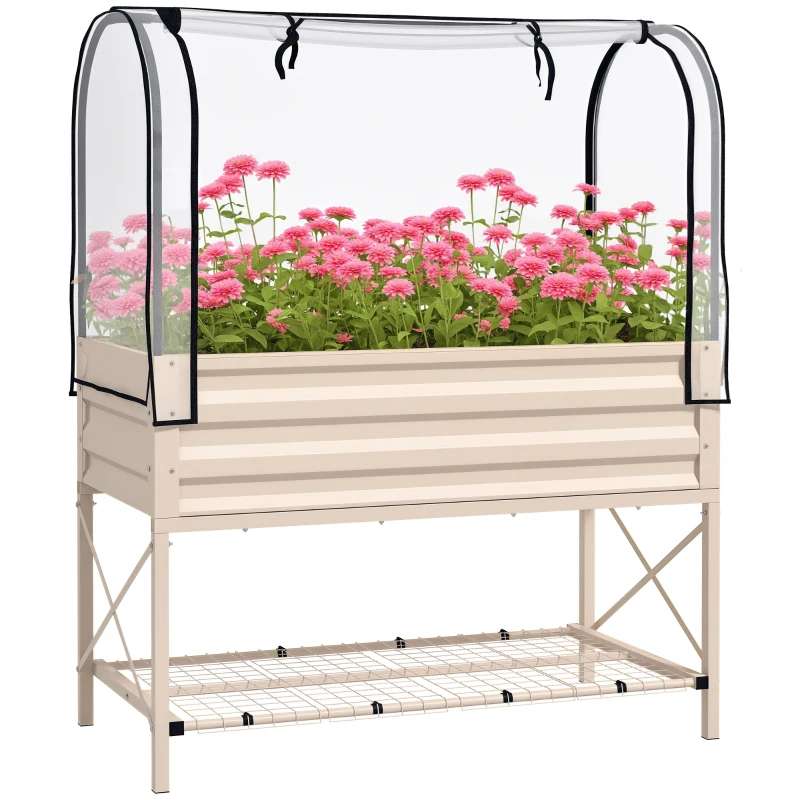 Outsunny Raised Garden Bed with Legs and Cover, Metal Elevated Planter Box with Bottom Shelf and Liner for Vegetables, Cream