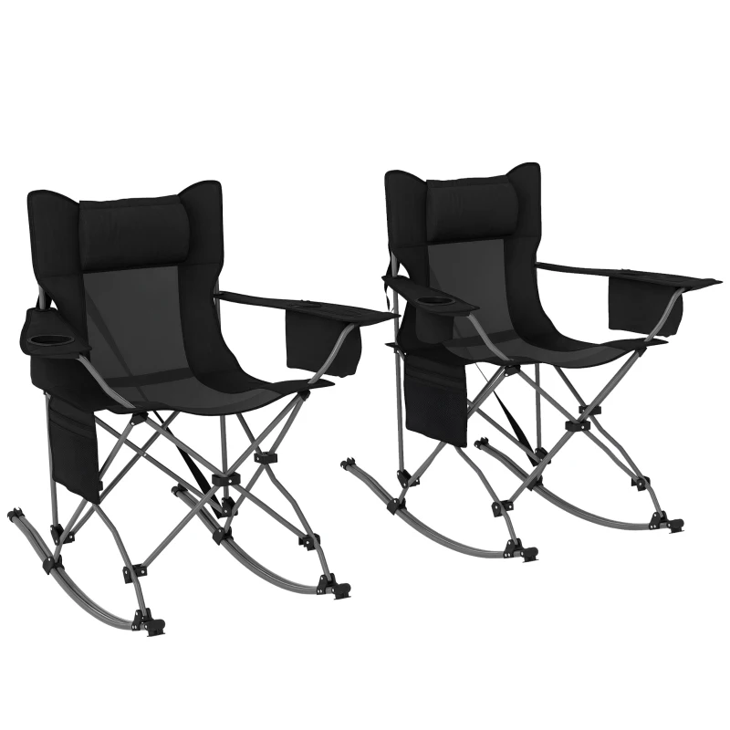 Outsunny Folding Rocking Camping Chairs, Portable Chairs with Headrest, Cooler Bag, Cup Holder, Carry Bag, 2 Pack, Black