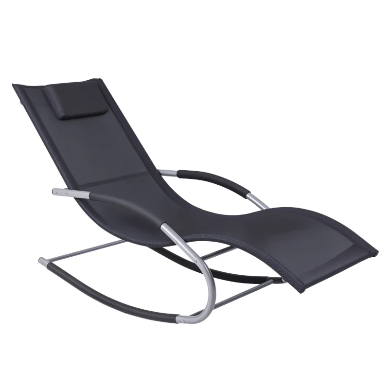Outsunny Zero Gravity Rocking Chair Outdoor Chaise Lounge Chair Recliner Rocker with Detachable Pillow and Weather-Fighting Fabric for Patio, Deck, Pool, Black