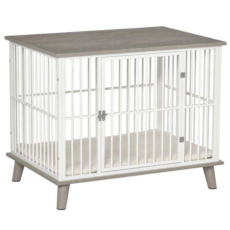 PawHut Dog Crate, Furniture Style Pet Cage Kennel, End Table, Decorative Dog House, with Soft Cushion, Wooden Top, Door, for Small & Medium Dogs, Indoor Use, Grey