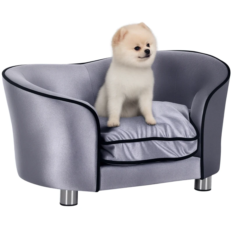 PawHut Pet Sofa Bed Dog Cat Cozy Puppy House Couch Furniture with Removable Cushion, Light Grey