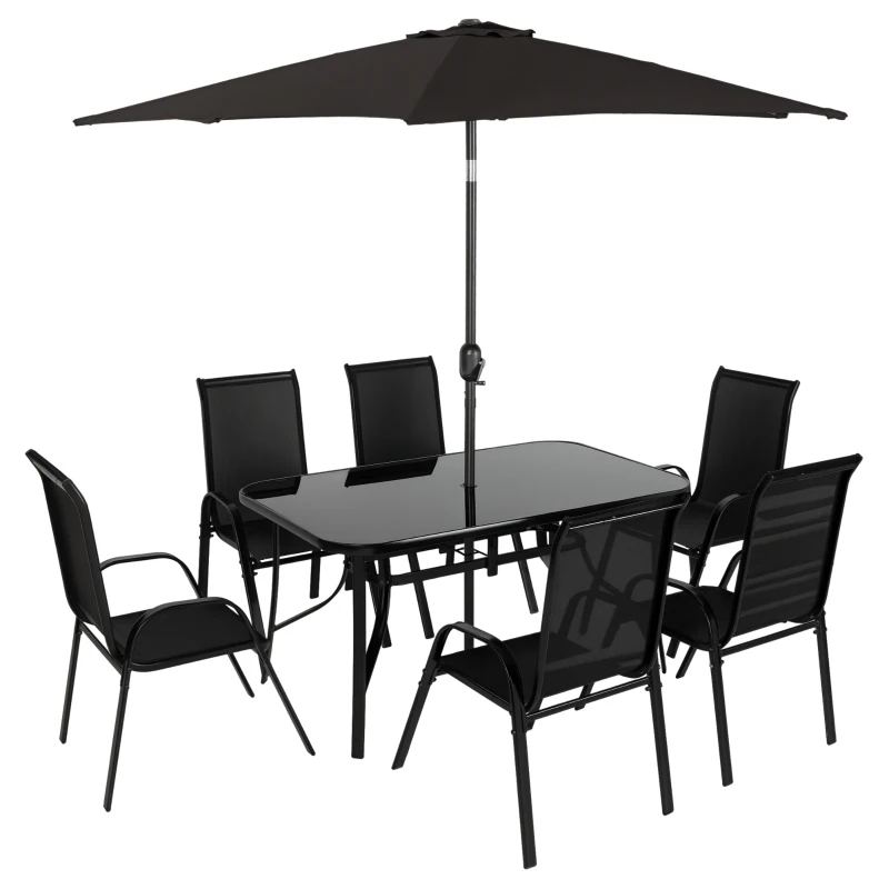 Outsunny 8 Pieces Patio Furniture Set with 9Ft Patio Umbrella, Outdoor Dining Table and Chairs, Black