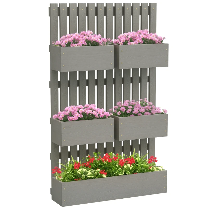 Outsunny 5 Box Raised Garden Bed w/ Trellis for Climbing Plants, Wall-Mounted Wood Planters w/ Drainage Holes, Gray