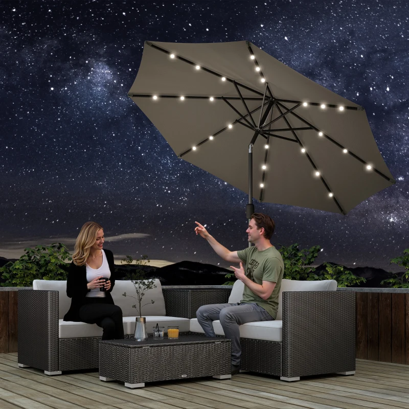 Outsunny 8.8 ft Solar Powered Outdoor Patio Umbrella Round Market Table Umbrella with Adjustable LED Lights Tilt Crank Dark Grey