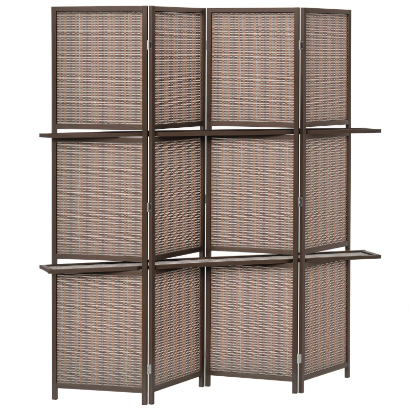 HOMCOM 4 Panel Room Divider, 6ft Tall Bamboo Folding Screen with 2 Storage Shelves for Bedroom, Office, Brown