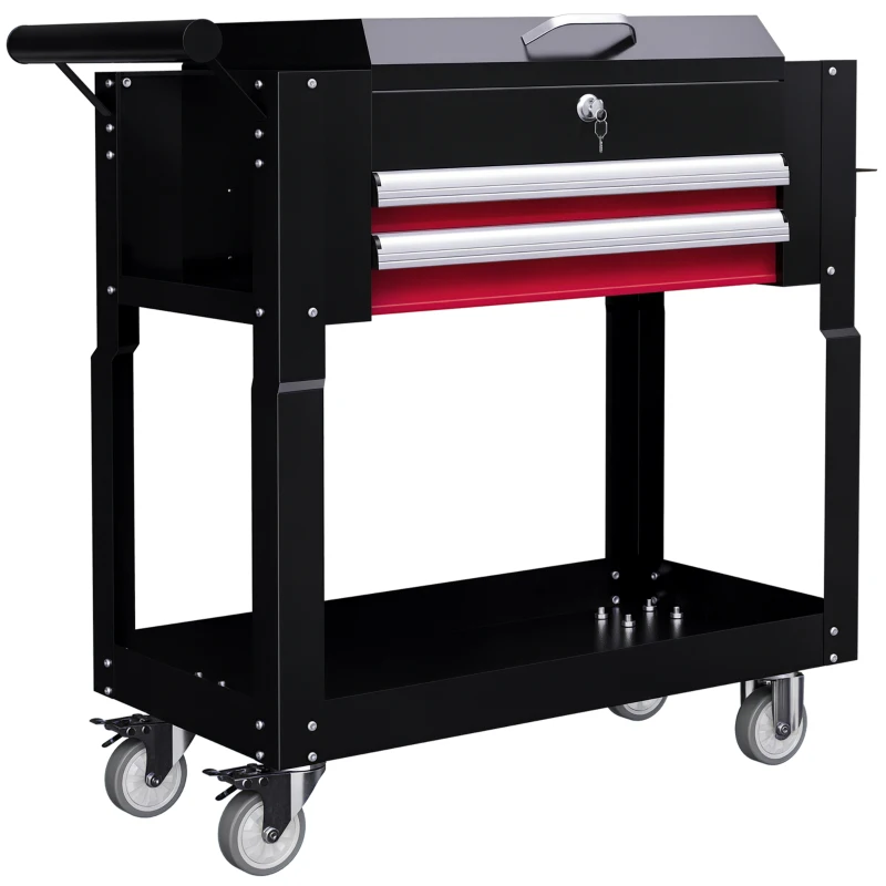 HOMCOM Tool Cart on Wheels Service Cart with 2 Drawers Tray Lockable Flip Top Storage for Garage Warehouse Workshop Black