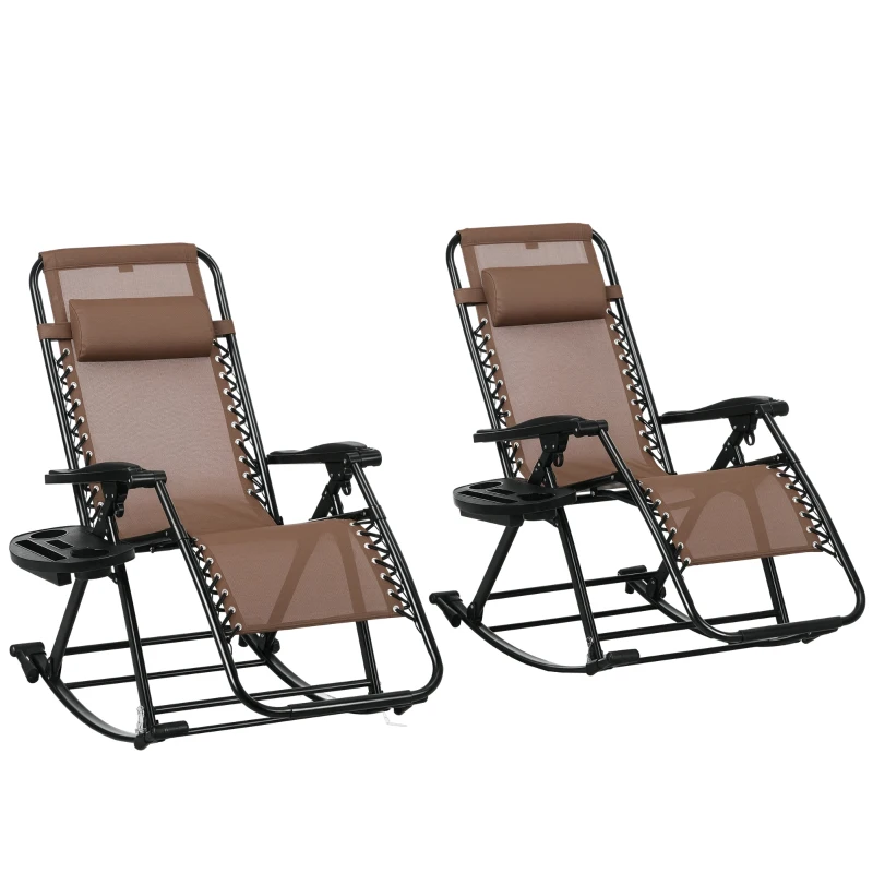 Outsunny 2 Outdoor Rocking Chairs Foldable Reclining Zero Gravity Lounge Rockers w/ Pillow Cup & Phone Holder, Brown