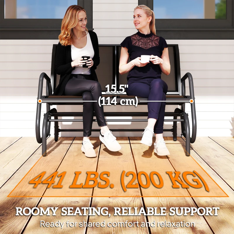 Outsunny Patio Double Glider Bench Swing Chair Rocker Heavy-Duty Loveseat Outdoor Garden Rocking Bench Steel Frame Sling Fabric Seat Black