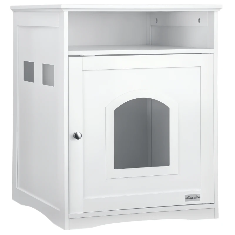 PawHut Cat Litter Box Enclosure Hidden Cabinet Cat Furniture Indoor Cat Washroom Nightstand End Table with Cat-sized Hole Wide Tabletop Storage Shelf (Litter Box Not Included)