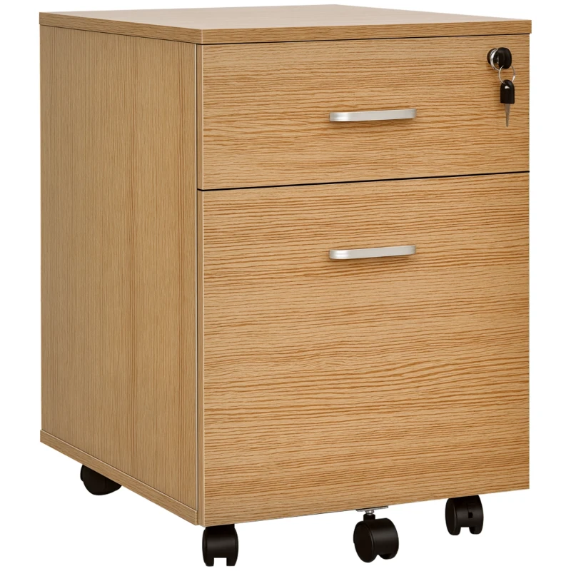 Vinsetto 2 Drawer File Cabinet with Lock and Keys, Mobile Vertical Filing Cabinet with Wheels and Drawers, Home Office Cabinet, Natural