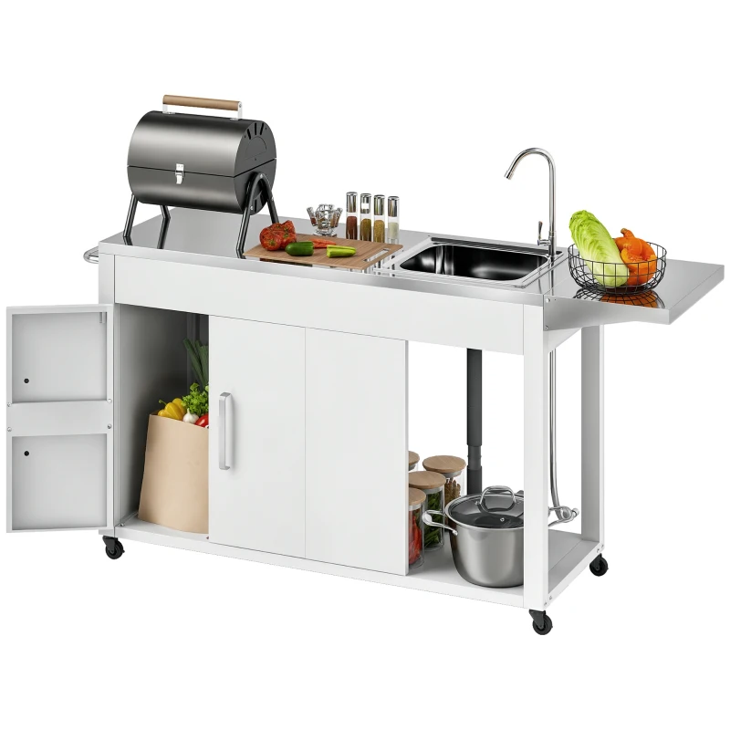 Outsunny Outdoor Grill Table with Stainless Steel Sink and Drainage, Grill Cart with Foldable Side Table and Cabinet, Outdoor Kitchen Island with Wheels, White