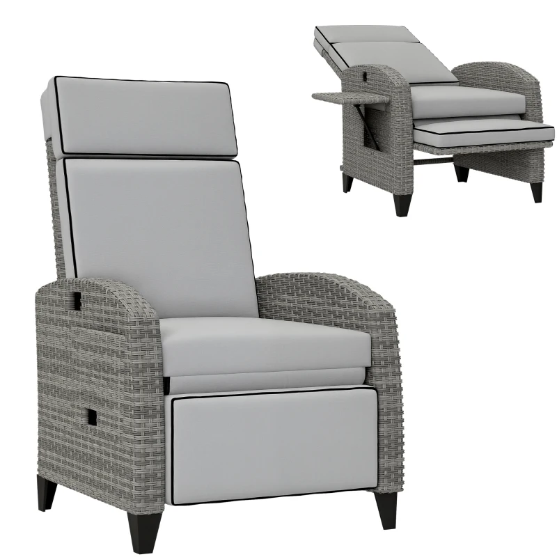 Outsunny Outdoor Recliner Chair with Cushions, Reclining Patio Lounge Chair with Adjustable Footrest, Armrests, Tray Table, Gray