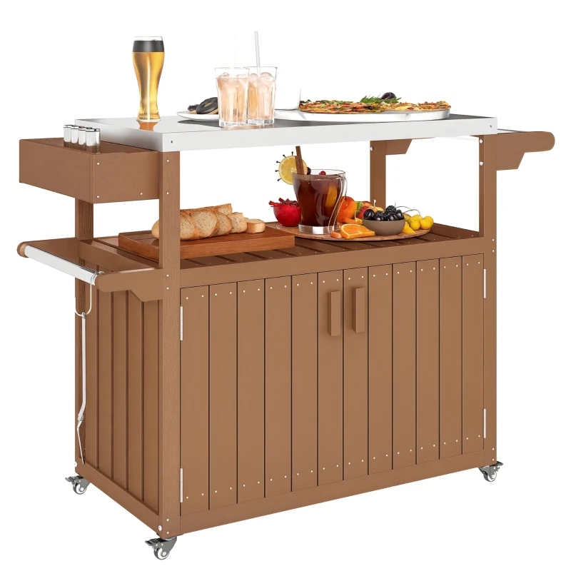 Outsunny Outdoor Bar Cart with Storage, Stainless Steel Outdoor Bar Table Top, Wheeled HDPE Kitchen Island for Food Prep, Brown