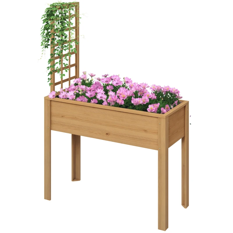 Outsunny Elevated Wood Planter with Trellis for Climbing Plants, Raised Garden Bed with Legs, Drainage Holes & Filter Natural