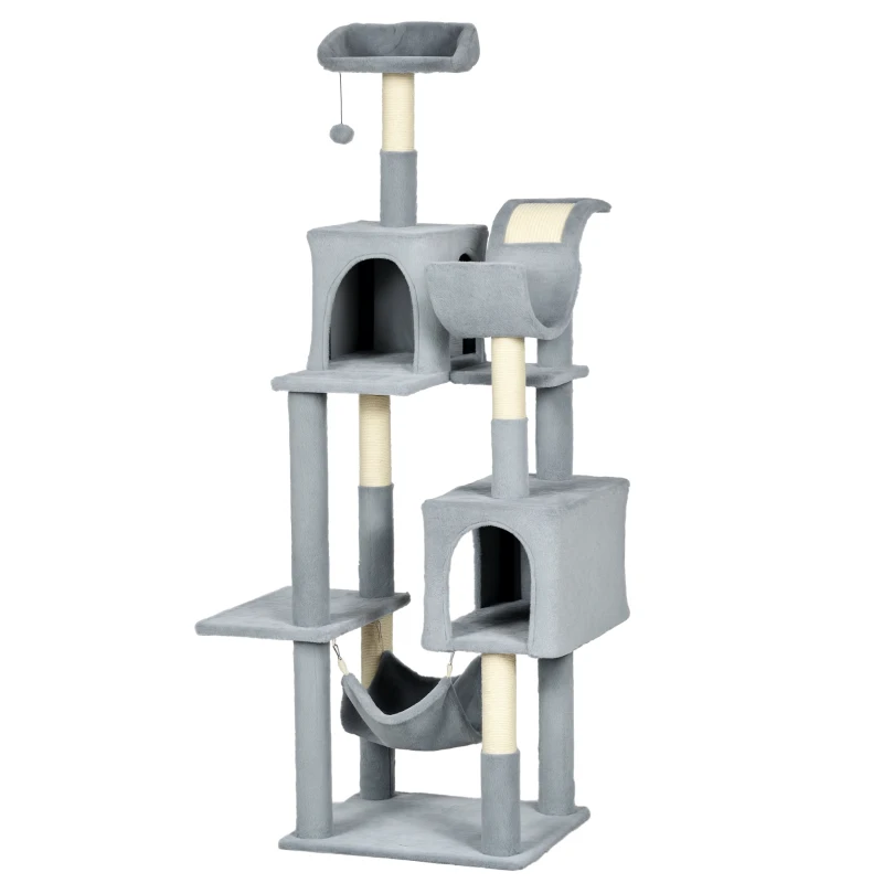 PawHut Tall Cat Tree for Indoor Cats, 70" Multi-Level Cat Tower with Hammock, Cat Bed, Cat Condo with Sisal Scratching Posts, Bluish Grey