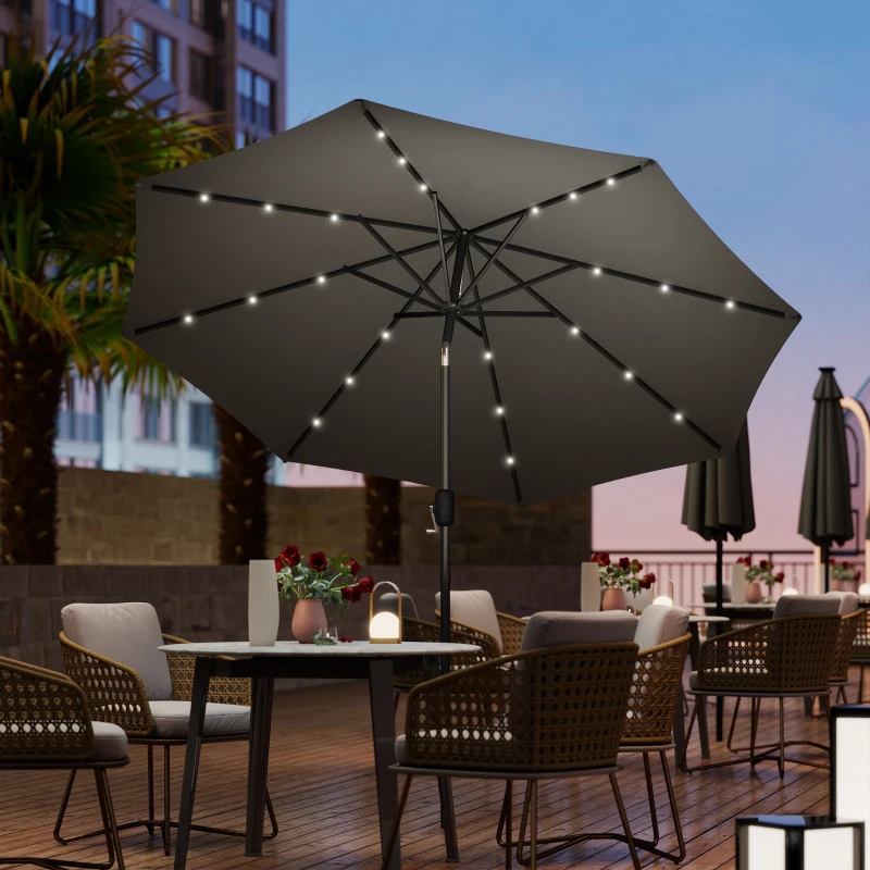 Outsunny 8.8 ft Solar Powered Outdoor Patio Umbrella Round Market Table Umbrella with Adjustable LED Lights Tilt Crank Dark Grey