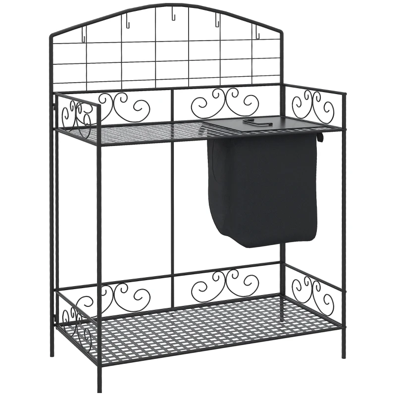 Outsunny Folding Potting Bench Table, Metal Garden Workstation, Work Bench with Large Build-In Bag with Cover, 5 Hanging Hooks & Storage Shelf, Flourishes