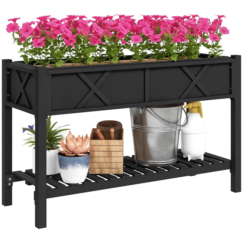 Outsunny Raised Garden Bed, 47 x 22 x 31.5 in. Elevated Wood Planter Box with Storage Shelf, Drainage Holes, and Liner, Black