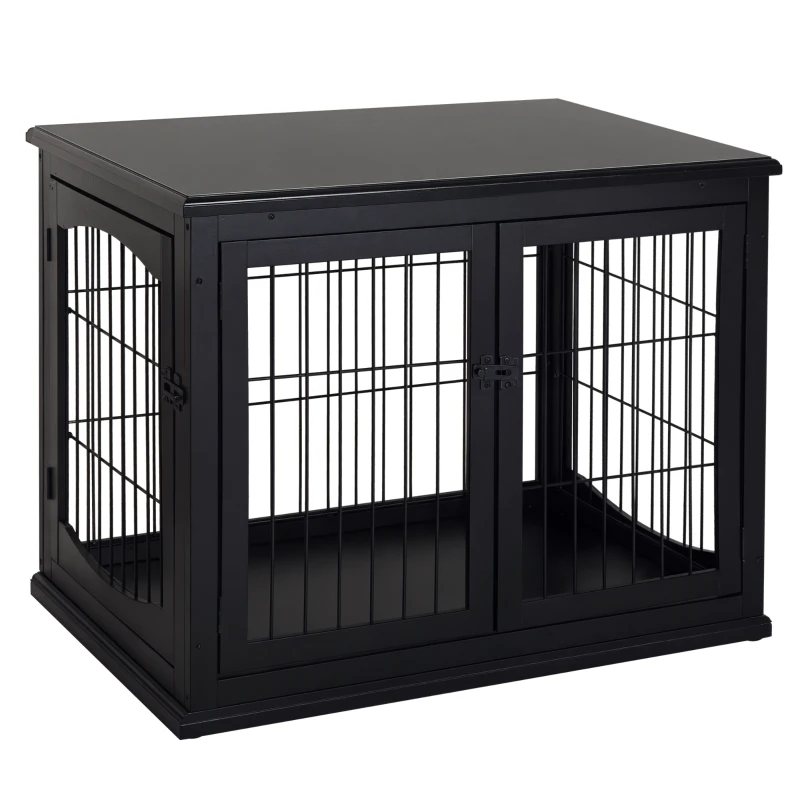 PawHut 26" Wooden Dog Cage with Double Door Entrance & Simple Modern Design, Black