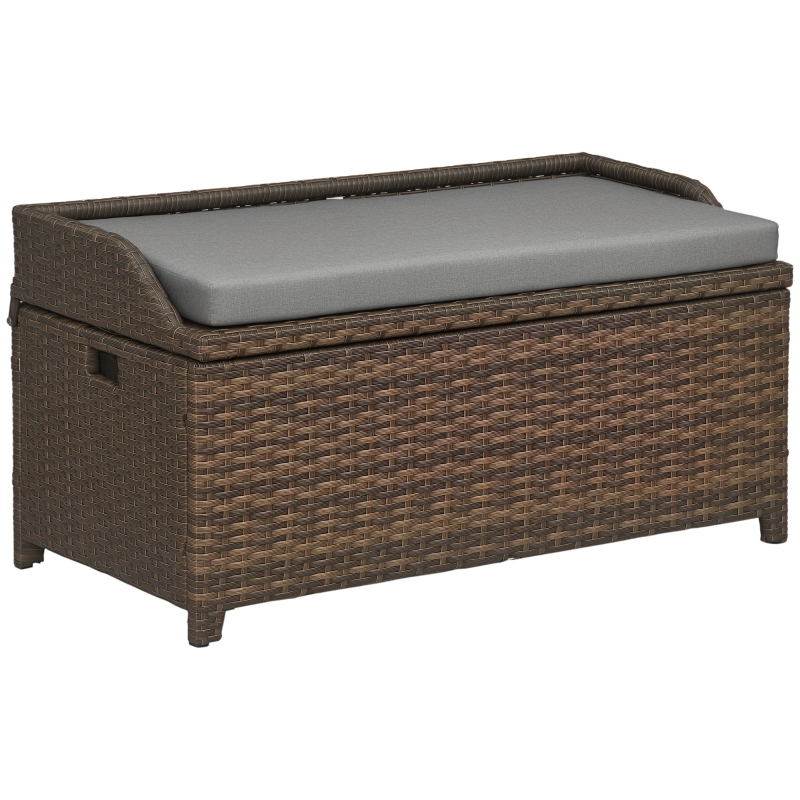 Outsunny Patio Wicker Storage Bench, Cushioned Outdoor PE