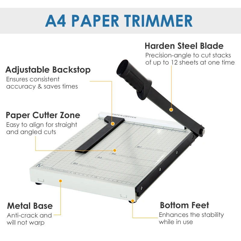 HOMCOM 12-Inch Professional Paper Trimmer Metal Base Guillotine Cutter Plate 12 Sheet Capacity Portable