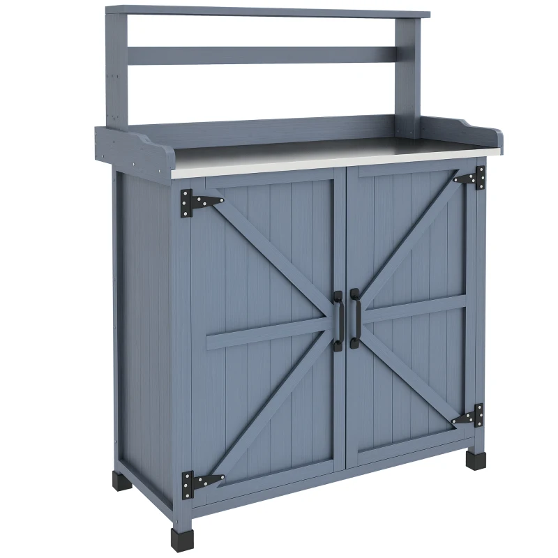 Outsunny Outdoor Wooden Potting Bench with Storage Cabinet, Shelves, Galvanized Plated Tabletop for Backyard, Balcony, Gray