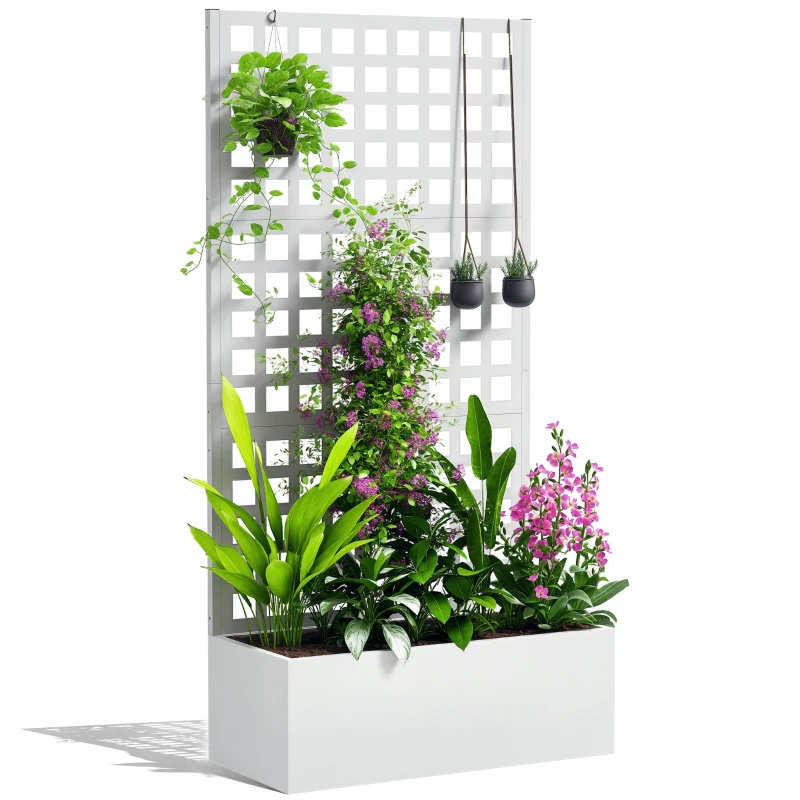 Outsunny Galvanized Raised Garden Bed Planter Box with Trellis for Climbing Plants, Vegetable, Vines, 35" x 16" x 70", White